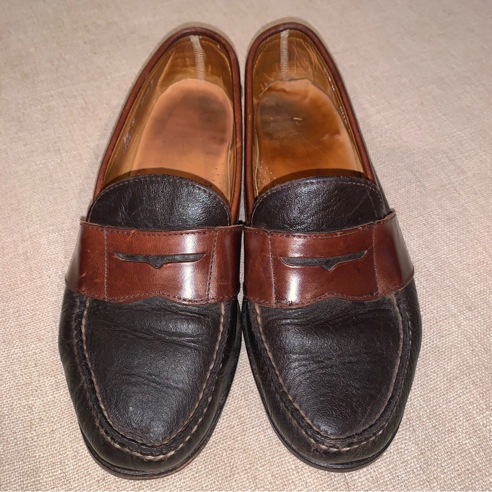 HS Trask Penny Two Tone Pebble Leather Loafers Mens 8.5 Brown Bourbon Black